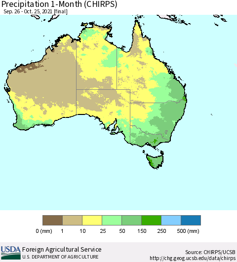 Australia Precipitation 1-Month (CHIRPS) Thematic Map For 9/26/2021 - 10/25/2021