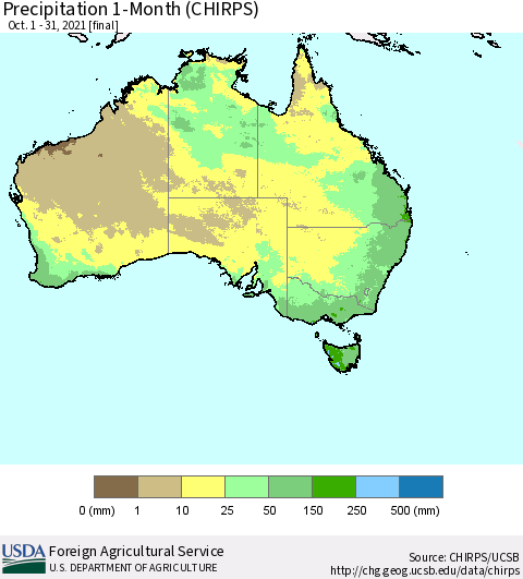 Australia Precipitation 1-Month (CHIRPS) Thematic Map For 10/1/2021 - 10/31/2021