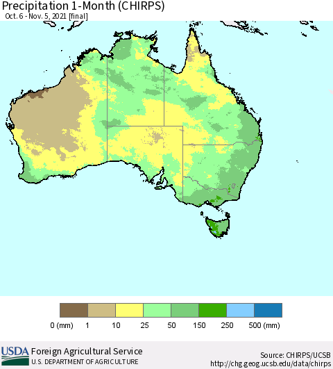 Australia Precipitation 1-Month (CHIRPS) Thematic Map For 10/6/2021 - 11/5/2021