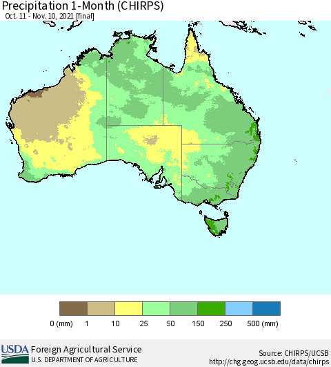 Australia Precipitation 1-Month (CHIRPS) Thematic Map For 10/11/2021 - 11/10/2021