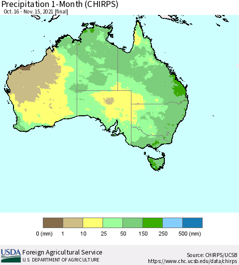 Australia Precipitation 1-Month (CHIRPS) Thematic Map For 10/16/2021 - 11/15/2021