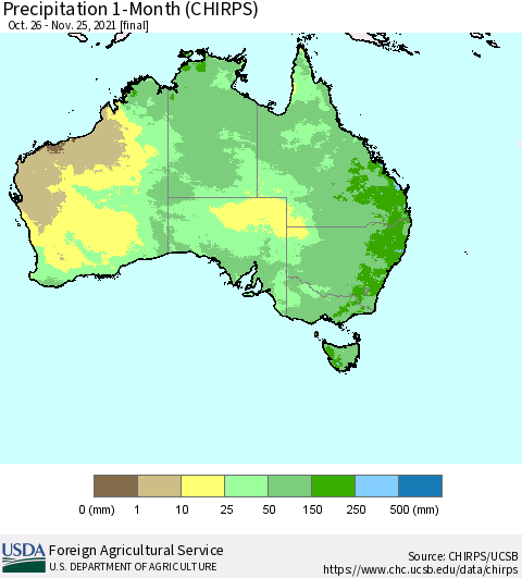 Australia Precipitation 1-Month (CHIRPS) Thematic Map For 10/26/2021 - 11/25/2021