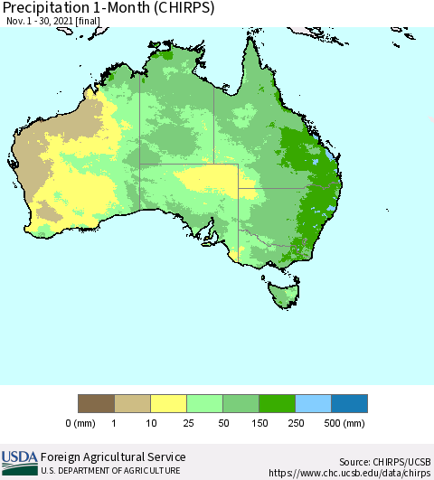 Australia Precipitation 1-Month (CHIRPS) Thematic Map For 11/1/2021 - 11/30/2021