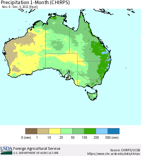 Australia Precipitation 1-Month (CHIRPS) Thematic Map For 11/6/2021 - 12/5/2021