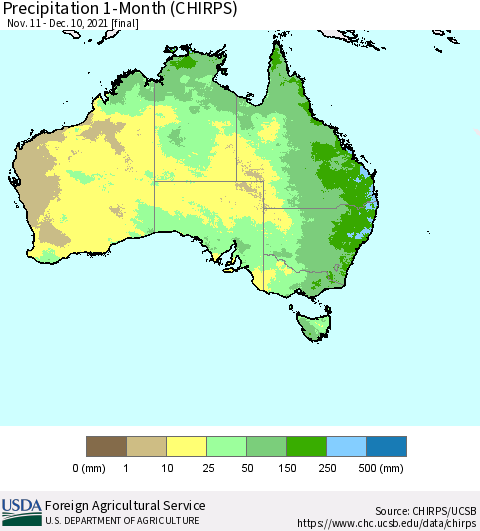 Australia Precipitation 1-Month (CHIRPS) Thematic Map For 11/11/2021 - 12/10/2021