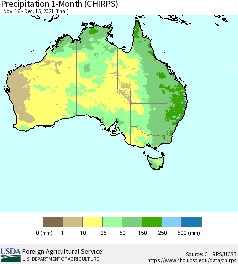 Australia Precipitation 1-Month (CHIRPS) Thematic Map For 11/16/2021 - 12/15/2021