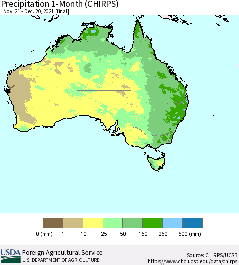 Australia Precipitation 1-Month (CHIRPS) Thematic Map For 11/21/2021 - 12/20/2021