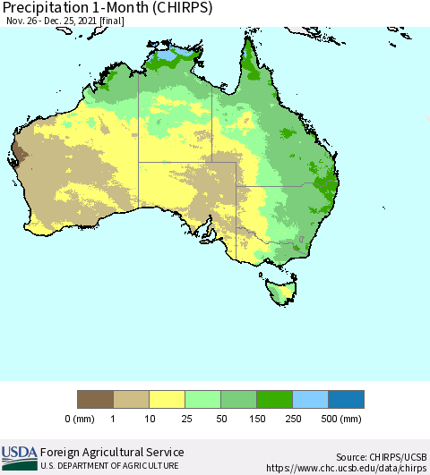 Australia Precipitation 1-Month (CHIRPS) Thematic Map For 11/26/2021 - 12/25/2021