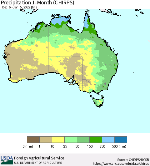 Australia Precipitation 1-Month (CHIRPS) Thematic Map For 12/6/2021 - 1/5/2022