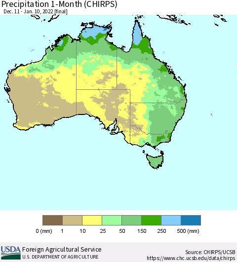 Australia Precipitation 1-Month (CHIRPS) Thematic Map For 12/11/2021 - 1/10/2022