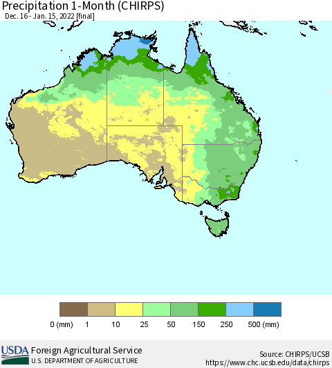 Australia Precipitation 1-Month (CHIRPS) Thematic Map For 12/16/2021 - 1/15/2022