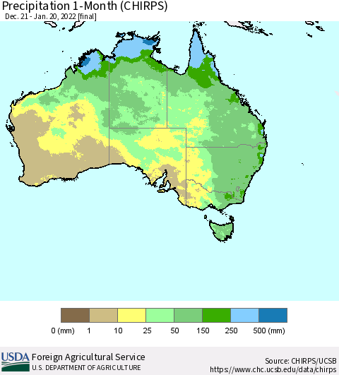 Australia Precipitation 1-Month (CHIRPS) Thematic Map For 12/21/2021 - 1/20/2022