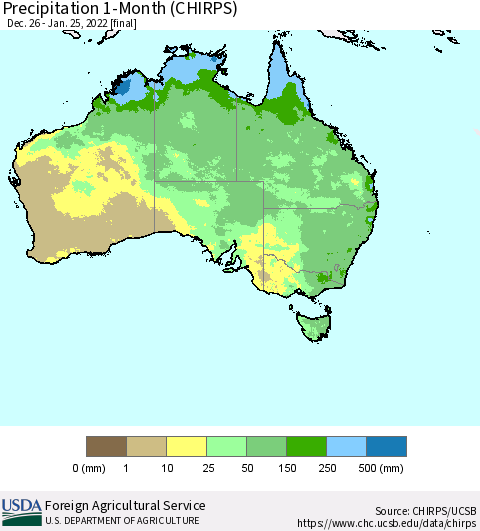 Australia Precipitation 1-Month (CHIRPS) Thematic Map For 12/26/2021 - 1/25/2022