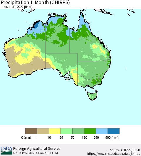 Australia Precipitation 1-Month (CHIRPS) Thematic Map For 1/1/2022 - 1/31/2022