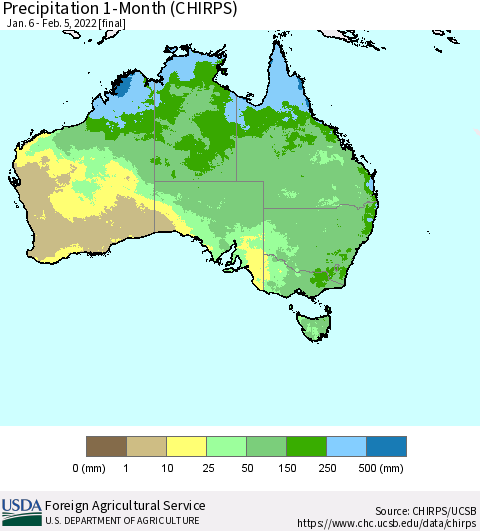 Australia Precipitation 1-Month (CHIRPS) Thematic Map For 1/6/2022 - 2/5/2022