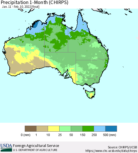Australia Precipitation 1-Month (CHIRPS) Thematic Map For 1/11/2022 - 2/10/2022