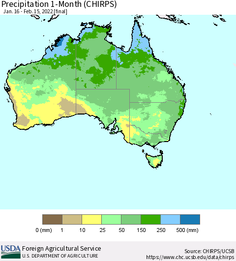 Australia Precipitation 1-Month (CHIRPS) Thematic Map For 1/16/2022 - 2/15/2022