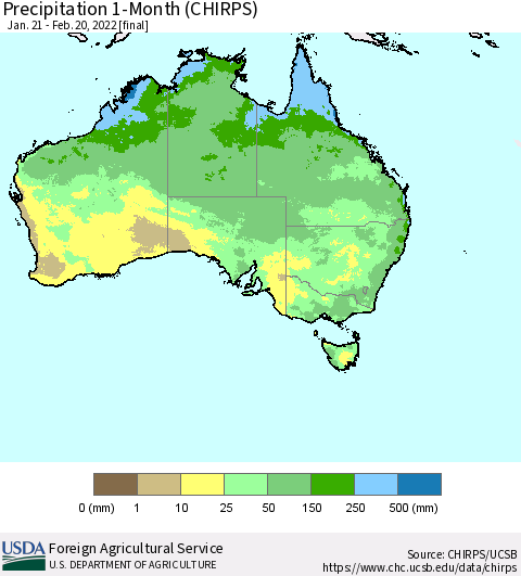 Australia Precipitation 1-Month (CHIRPS) Thematic Map For 1/21/2022 - 2/20/2022