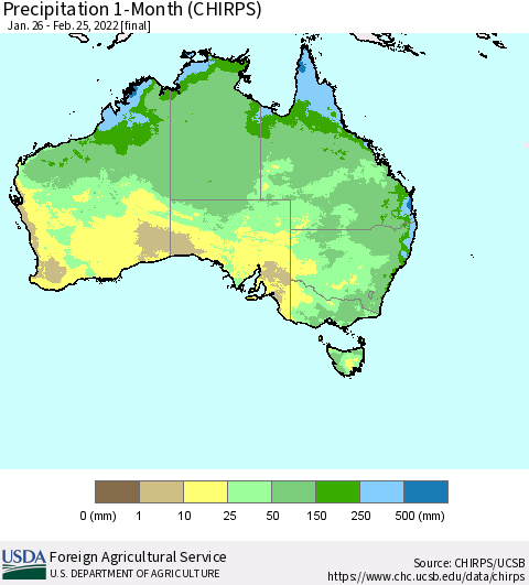Australia Precipitation 1-Month (CHIRPS) Thematic Map For 1/26/2022 - 2/25/2022
