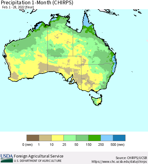 Australia Precipitation 1-Month (CHIRPS) Thematic Map For 2/1/2022 - 2/28/2022