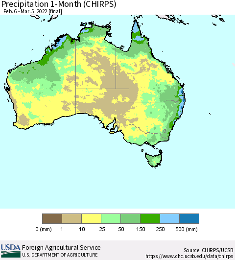 Australia Precipitation 1-Month (CHIRPS) Thematic Map For 2/6/2022 - 3/5/2022