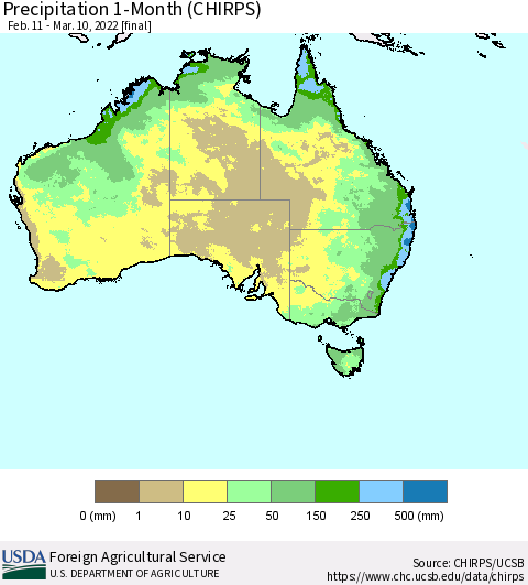Australia Precipitation 1-Month (CHIRPS) Thematic Map For 2/11/2022 - 3/10/2022