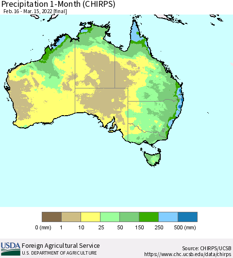 Australia Precipitation 1-Month (CHIRPS) Thematic Map For 2/16/2022 - 3/15/2022