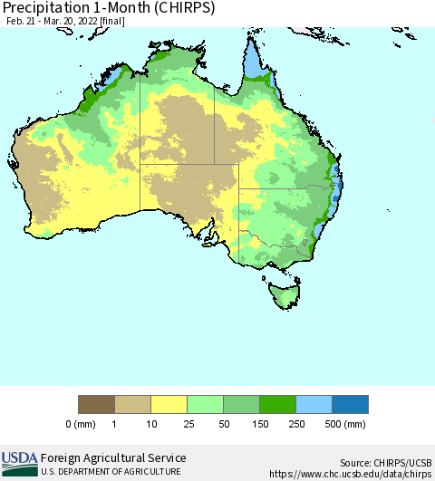 Australia Precipitation 1-Month (CHIRPS) Thematic Map For 2/21/2022 - 3/20/2022
