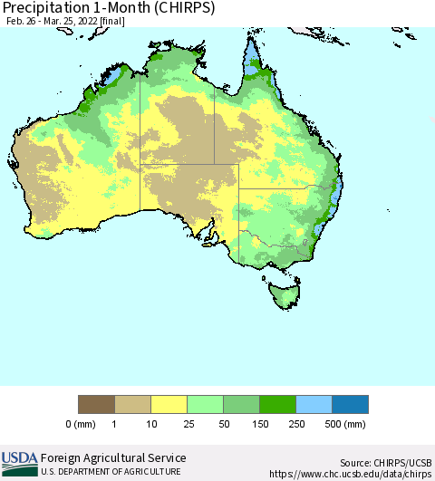 Australia Precipitation 1-Month (CHIRPS) Thematic Map For 2/26/2022 - 3/25/2022