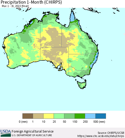 Australia Precipitation 1-Month (CHIRPS) Thematic Map For 3/1/2022 - 3/31/2022