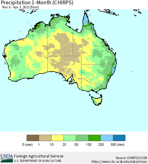 Australia Precipitation 1-Month (CHIRPS) Thematic Map For 3/6/2022 - 4/5/2022