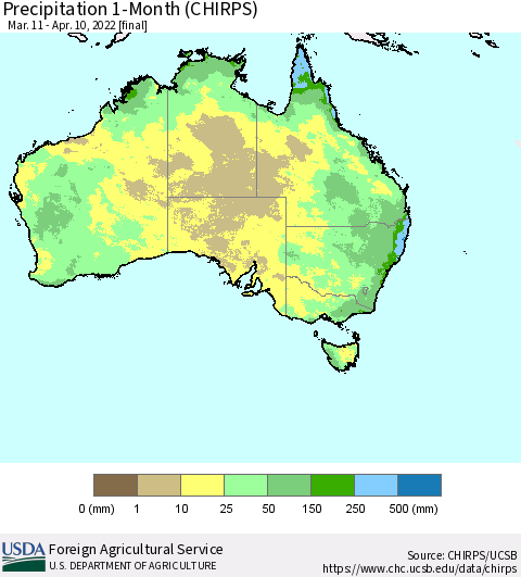 Australia Precipitation 1-Month (CHIRPS) Thematic Map For 3/11/2022 - 4/10/2022