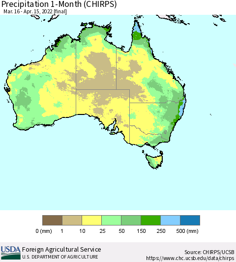 Australia Precipitation 1-Month (CHIRPS) Thematic Map For 3/16/2022 - 4/15/2022