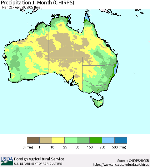 Australia Precipitation 1-Month (CHIRPS) Thematic Map For 3/21/2022 - 4/20/2022