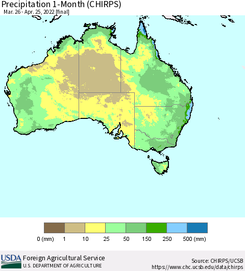Australia Precipitation 1-Month (CHIRPS) Thematic Map For 3/26/2022 - 4/25/2022