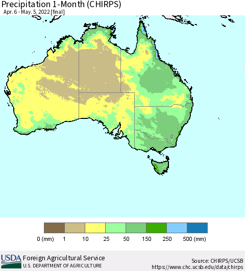 Australia Precipitation 1-Month (CHIRPS) Thematic Map For 4/6/2022 - 5/5/2022
