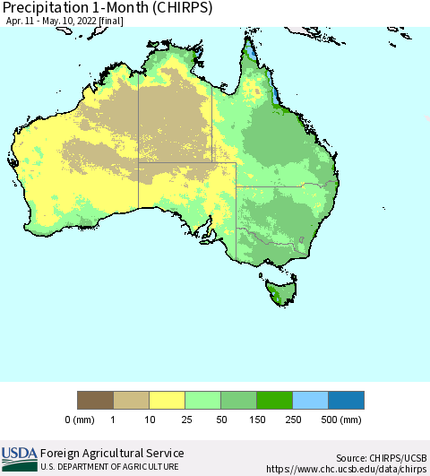 Australia Precipitation 1-Month (CHIRPS) Thematic Map For 4/11/2022 - 5/10/2022