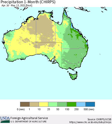Australia Precipitation 1-Month (CHIRPS) Thematic Map For 4/16/2022 - 5/15/2022