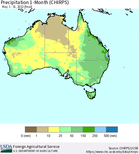 Australia Precipitation 1-Month (CHIRPS) Thematic Map For 5/1/2022 - 5/31/2022