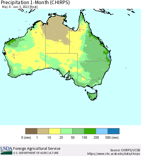 Australia Precipitation 1-Month (CHIRPS) Thematic Map For 5/6/2022 - 6/5/2022
