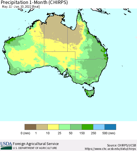 Australia Precipitation 1-Month (CHIRPS) Thematic Map For 5/11/2022 - 6/10/2022