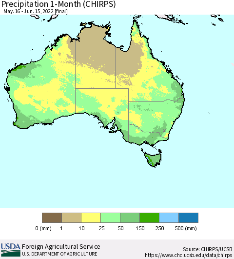 Australia Precipitation 1-Month (CHIRPS) Thematic Map For 5/16/2022 - 6/15/2022