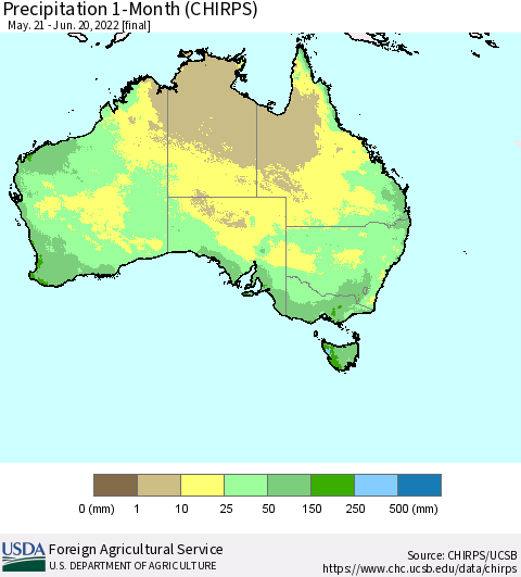 Australia Precipitation 1-Month (CHIRPS) Thematic Map For 5/21/2022 - 6/20/2022