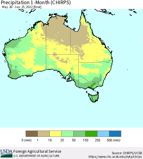 Australia Precipitation 1-Month (CHIRPS) Thematic Map For 5/26/2022 - 6/25/2022