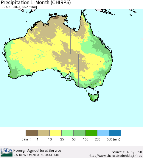 Australia Precipitation 1-Month (CHIRPS) Thematic Map For 6/6/2022 - 7/5/2022