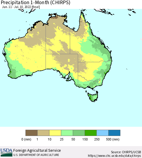Australia Precipitation 1-Month (CHIRPS) Thematic Map For 6/11/2022 - 7/10/2022