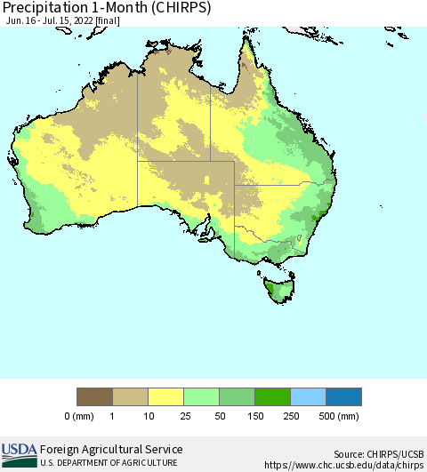 Australia Precipitation 1-Month (CHIRPS) Thematic Map For 6/16/2022 - 7/15/2022