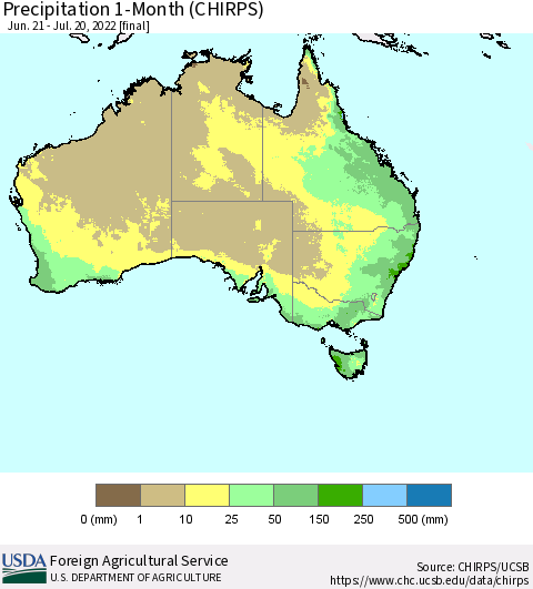 Australia Precipitation 1-Month (CHIRPS) Thematic Map For 6/21/2022 - 7/20/2022