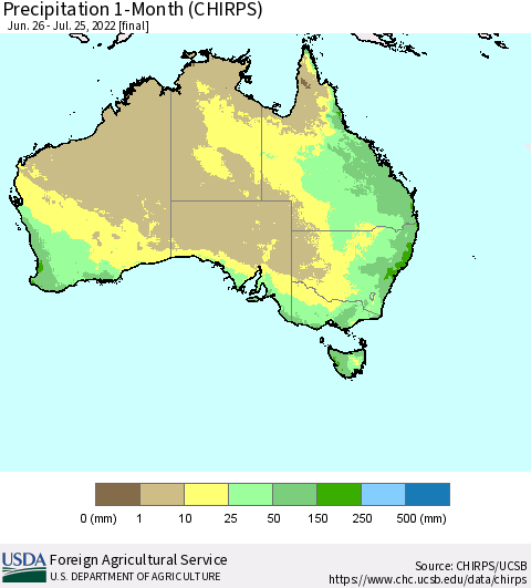 Australia Precipitation 1-Month (CHIRPS) Thematic Map For 6/26/2022 - 7/25/2022