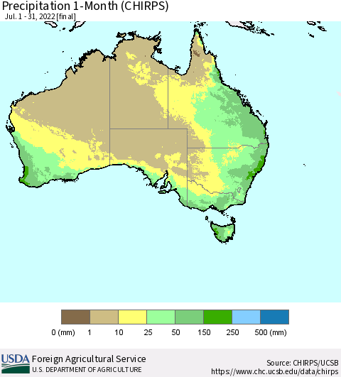 Australia Precipitation 1-Month (CHIRPS) Thematic Map For 7/1/2022 - 7/31/2022